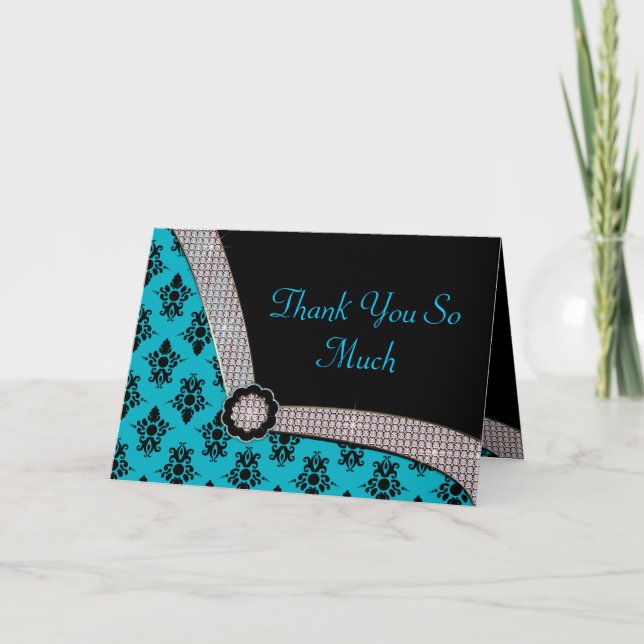 Cartão De Agradecimento Aqua Azul & Preto Damask Gem Brilho (Frente)