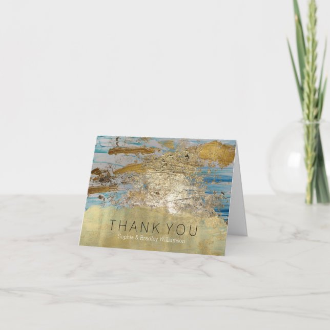 Cartão De Agradecimento Aqua Blue Dourada Abstrato Obrigado (Frente)