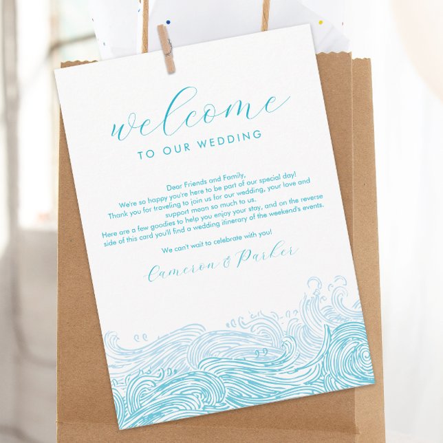 Cartão De Agradecimento Aqua Blue Ocean Ondas Boas-vindas Itinerário (Ocean Waves Beach Wedding Welcome Letter and Weekend Events Itinerary Wedding Schedule)