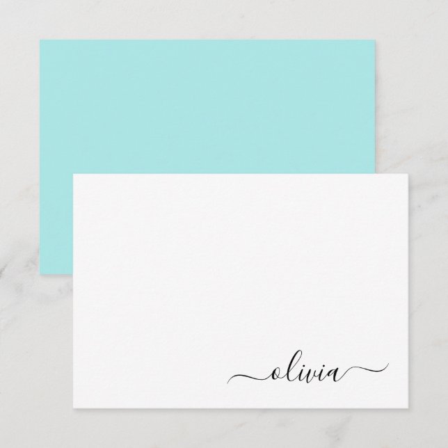 Cartão De Agradecimento Aqua Blue Teal Modern Script Girly Monographic Nam (Frente/Verso)
