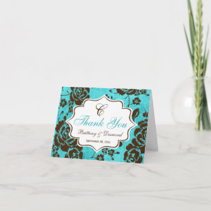 Cartão De Agradecimento Aqua Brown White Floral Damask Thank You Card