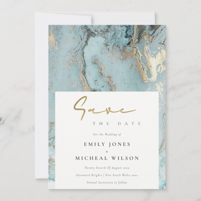 CARTÃO DE AGRADECIMENTO AQUA DUSKY BLUE DOURADO AGATE SALVE A DATA DE CONV (Frente)