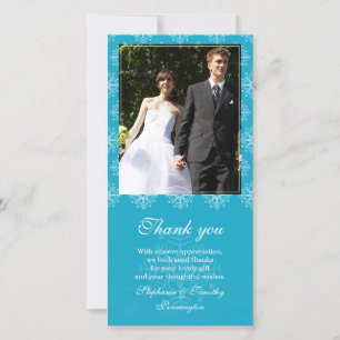 Cartão De Agradecimento Aqua + obrigado de casamento branco com flocos de 