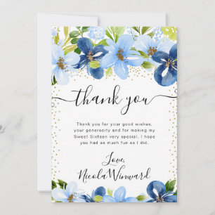 Cartão De Agradecimento Aquarela Azul e Flores Navy Sweet 16