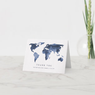 Cartão De Agradecimento Aquarela Azul em Branco   Mapa Mundi Obrigado