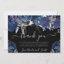 Cartão De Agradecimento Aquarela Casamento Rosas Navy e Prata