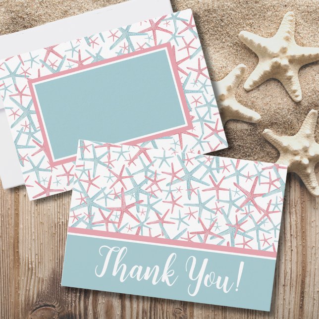 Cartão De Agradecimento Aquarela da Praia Costeira (Cute Typography Coastal Watercolor Starfish Beach Thank You Card)