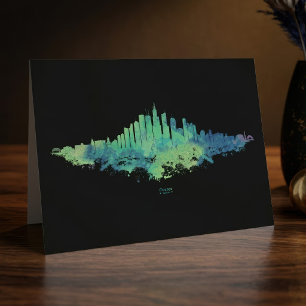 Cartão De Agradecimento Aquarela da Silhueta de Chicago Azul Verde Arte Ur