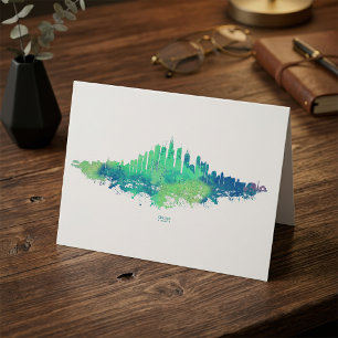 Cartão De Agradecimento Aquarela da Silhueta de Chicago Azul Verde Arte Ur
