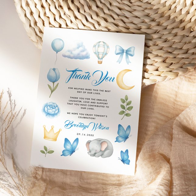 Cartão De Agradecimento Aquarela Elefante Azul | Chá de Bebê do Menino (Cute Boy’s Elephant Watercolor Baby Shower thank you card
)