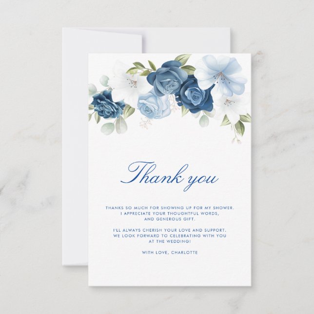 Cartão De Agradecimento Aquarela Floral em Azul Desbotado Script (Frente)
