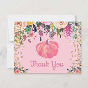 Cartão De Agradecimento Aquarela Floral Outono Abóbora Rosa Dourado Brilho
