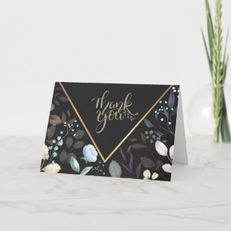 Cartão De Agradecimento Aquarela Floral Preta e Dourada Obrigado