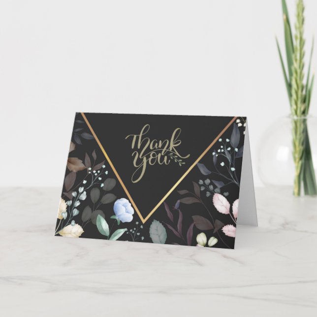 Cartão De Agradecimento Aquarela Floral Preta e Dourada Obrigado (Frente)