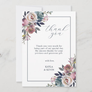 Cartão De Agradecimento Aquarela Floral Rosa Empoeirado Mauve Azul Naval