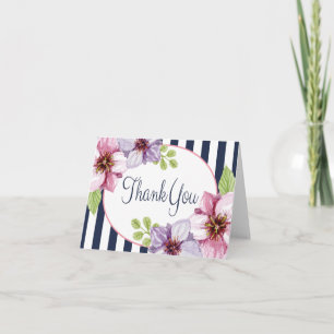 Cartão De Agradecimento Aquarela Floral Roxo Obrigada Listras Azuis
