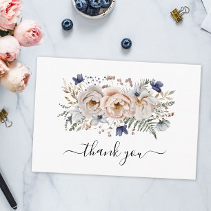 Cartão De Agradecimento Aquarela Flores Azuis Bege Bonito Floral