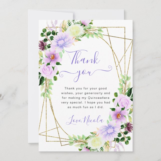Cartão De Agradecimento Aquarela Flores Roxas Frame Dourado Quinceanera (Frente)