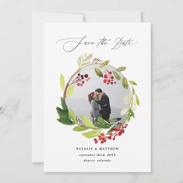 Cartão De Agradecimento Aquarela Foto de inverno salva a data (Frente)