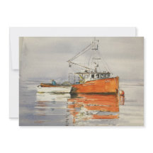 Aquarela Maine Barco de Pesca Oceano Cinza Laranja