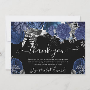 Cartão De Agradecimento Aquarela Navy e Rosas Prateadas Sweet 16