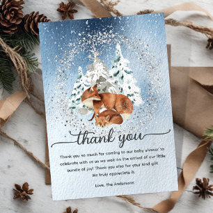 Cartão De Agradecimento Aquarela Neve Inverno Pinheiros Bebê Mama Fox