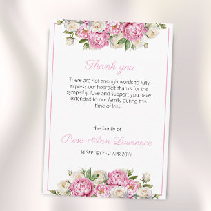 Cartão De Agradecimento Aquarela Peônias Rosa Rosas Brancas Floral Funeral