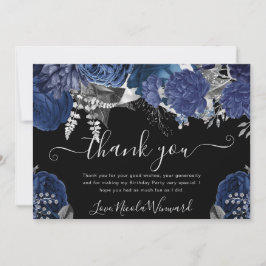 Cartão De Agradecimento Aquarela Rosas Navy e Prata de Aniversário