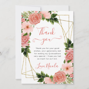 Cartão De Agradecimento Aquarela Rosas Rosa Quadro Dourado Quinceanera