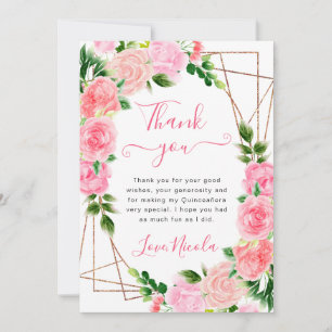 Cartão De Agradecimento Aquarela Rosas Rosa Quadro Dourado Quinceanera