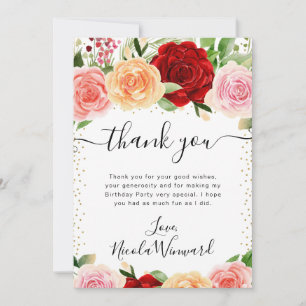 Cartão De Agradecimento Aquarela Rosas Vermelhas e Laranjas Flores Anivers