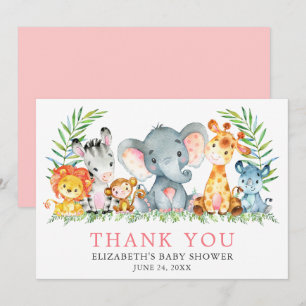 Cartão De Agradecimento Aquarela Safari Animais Chá de fraldas Rosa