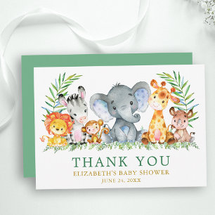 Cartão De Agradecimento Aquarela Safari Animais Chá de fraldas Verde Dour