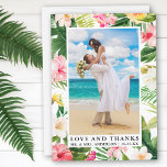 Cartão De Agradecimento Aquarela Tropical Floral Amor e Obrigados<br><div class="desc">Elegante Watercolor Tropical Floral,  Greenerescente e Palm Deixa Noiva e Amor e Obrigados Foto de Casamento</div>