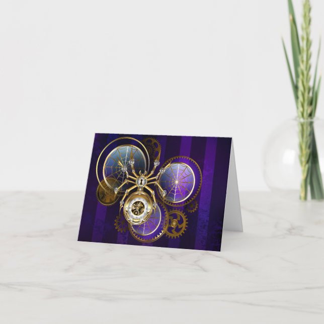 Cartão De Agradecimento Aranha Steampunk no fundo roxo (Frente)