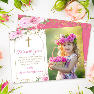 Cartão De Agradecimento Arch Dourado Floral Cor-de-rosa Primeira Foto Sagr