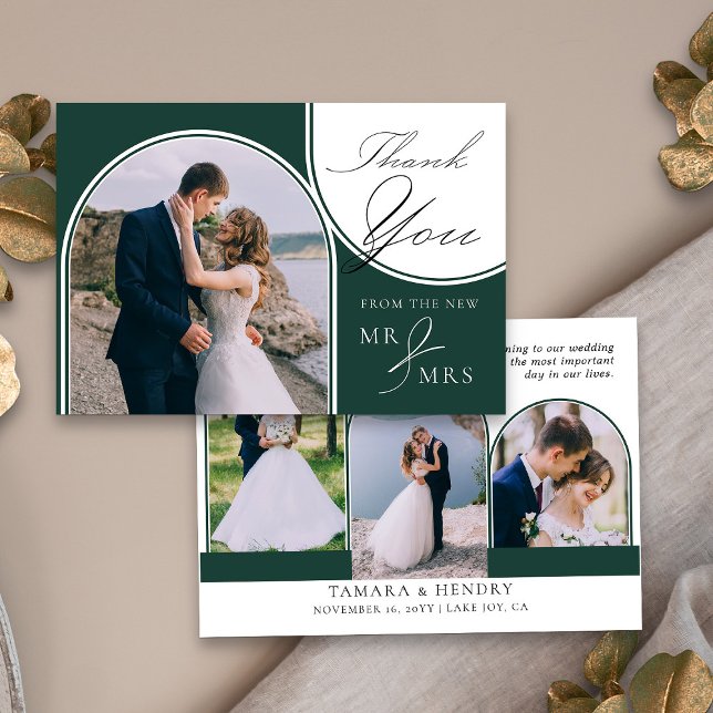 Cartão De Agradecimento Arch Multi Photo Elegant Calliografia Emerald Gree (Arch multi photo wedding thank you card in emerald green from my Wedding Colors collection)