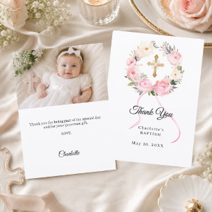 Cartão De Agradecimento Arco de floral rosa para batismo foto menina