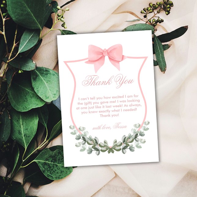 Cartão De Agradecimento Arco Elegante rosa Chá de fraldas Eucalyptus Crest (Pink Elegant Bow Eucalyptus Crest Baby Shower Thank You Card)