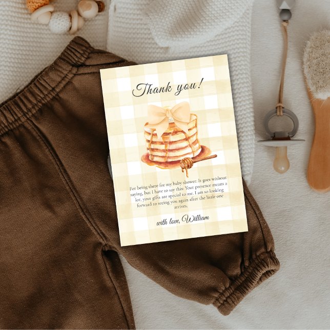 Cartão De Agradecimento Arco Gingham Cute Pancake BrunChá de fraldas (Cute Gingham Bow Pancake Brunch Baby Shower Thank You Card)