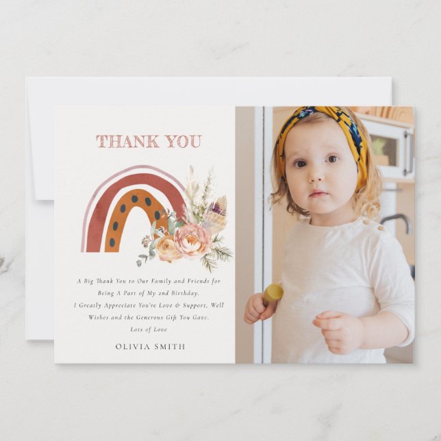 Cartão De Agradecimento Arco-íris Floral Boho Ferrugem Aniversário de Qual (Frente)