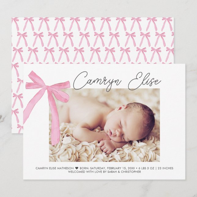 Cartão De Agradecimento Arco Pink Ribbon Baby Girl Nome do Script Foto (Frente/Verso)