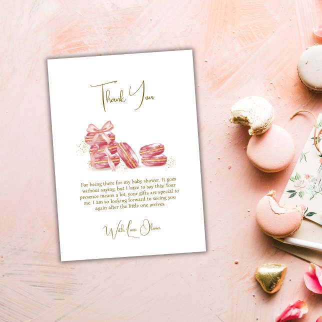 Cartão De Agradecimento Arco rosa Bonjour Bébé Chá de fraldas francês Maca (Pink Bow Bonjour Bébé French Macarons Baby Shower Thank You Card)