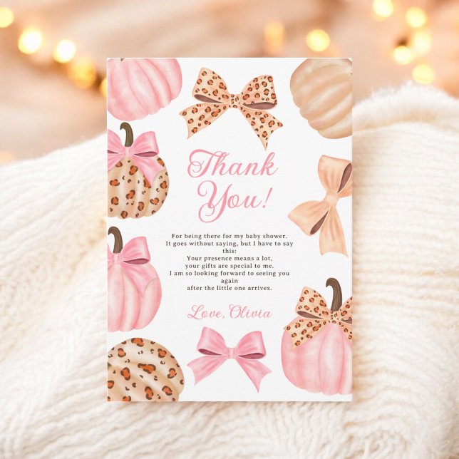 Cartão De Agradecimento Arco rosa-coquetel chá de fraldas-pumkin-leopardo- (Cute Coquette Pink Bow Leopard Pumpkin baby shower Thank You Card)