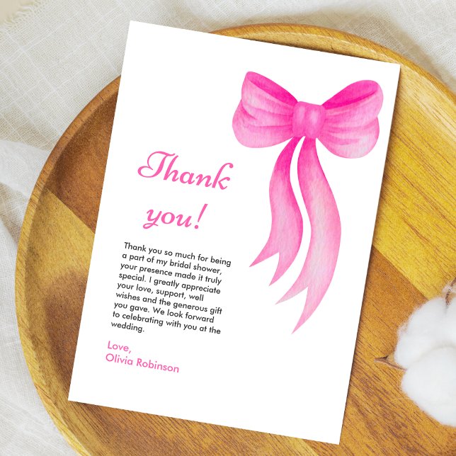 Cartão De Agradecimento Arco Rosa Ela Está Casando Chá de Noiva  (Pink Bow She's Tying the Knot Bridal Shower Thank You Card   )