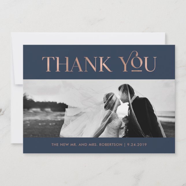 Cartão De Agradecimento Art Deco Faux Rosa Dourado no Marinho | Foto Obrig (Frente)