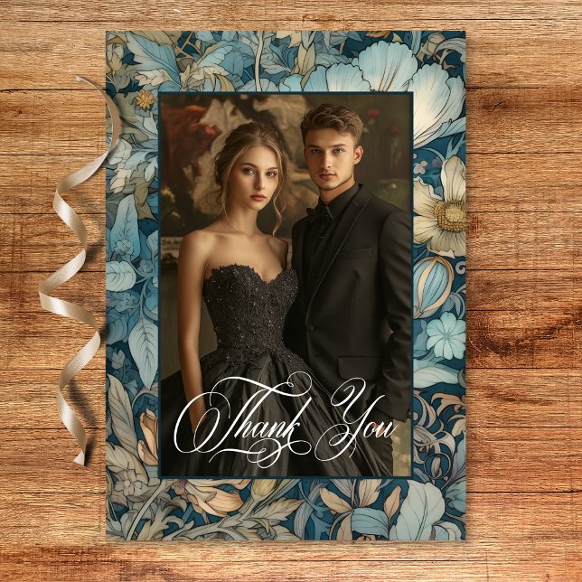 Cartão De Agradecimento Art Nouveau Teal William Morris Casamento Floral (Art Nouveau Teal William Morris Floral Wedding Thank You Card)