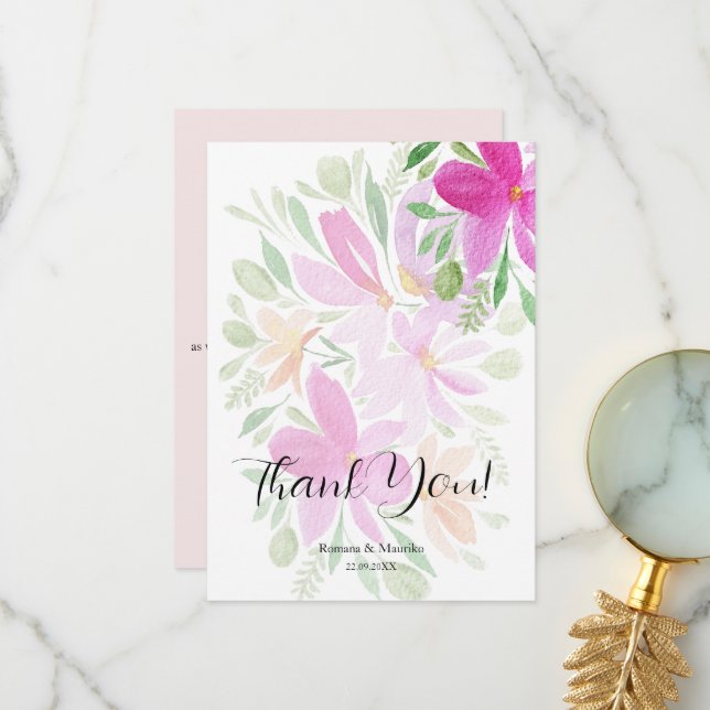 Cartão De Agradecimento Arte de Aquarela Rosa-Rosa Elegante (Frente/Verso In Situ)