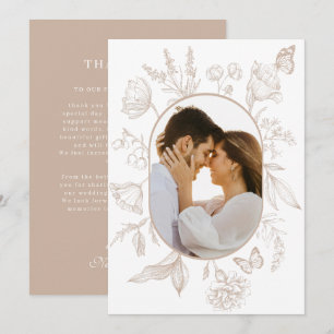 Cartão De Agradecimento Arte de Linha Floral Tom Neutro Borboleta Floral F