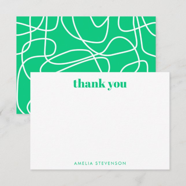 Cartão De Agradecimento Arte de Linha Moderna Abstrata Verde Nome Personal (Frente/Verso)